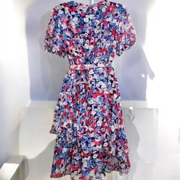 Tahari Womens Navy Vneck Short Sleeve Tiered Multicolor Surplice Dress NEW 2 - Picture 9 of 13